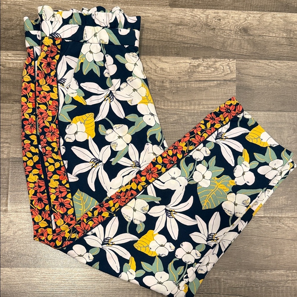 Zara Navy Floral Wide-Leg Pants with White, Yellow & Green Accents